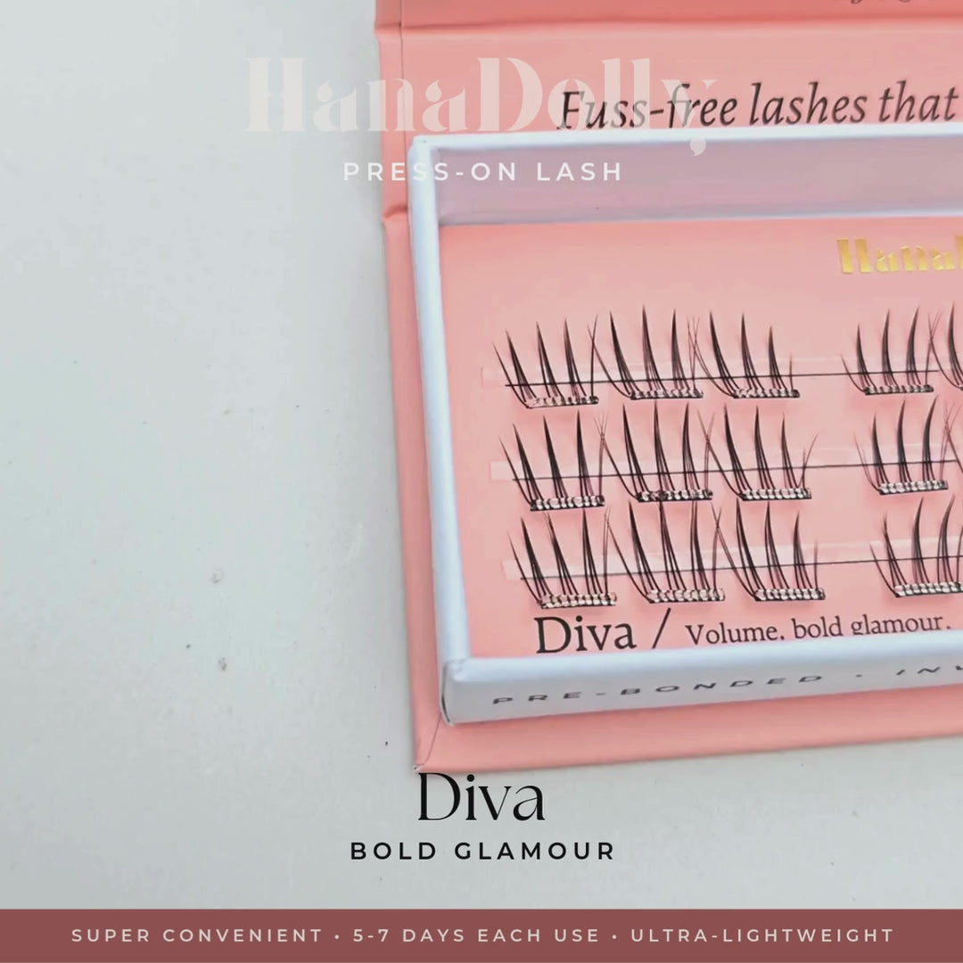 Full product feature video of HanaDolly's Wispy self-adhesive lashes. Featuring it's iconic pink box packaging, press-on lash application, lash features and final close up of results with model's eye.