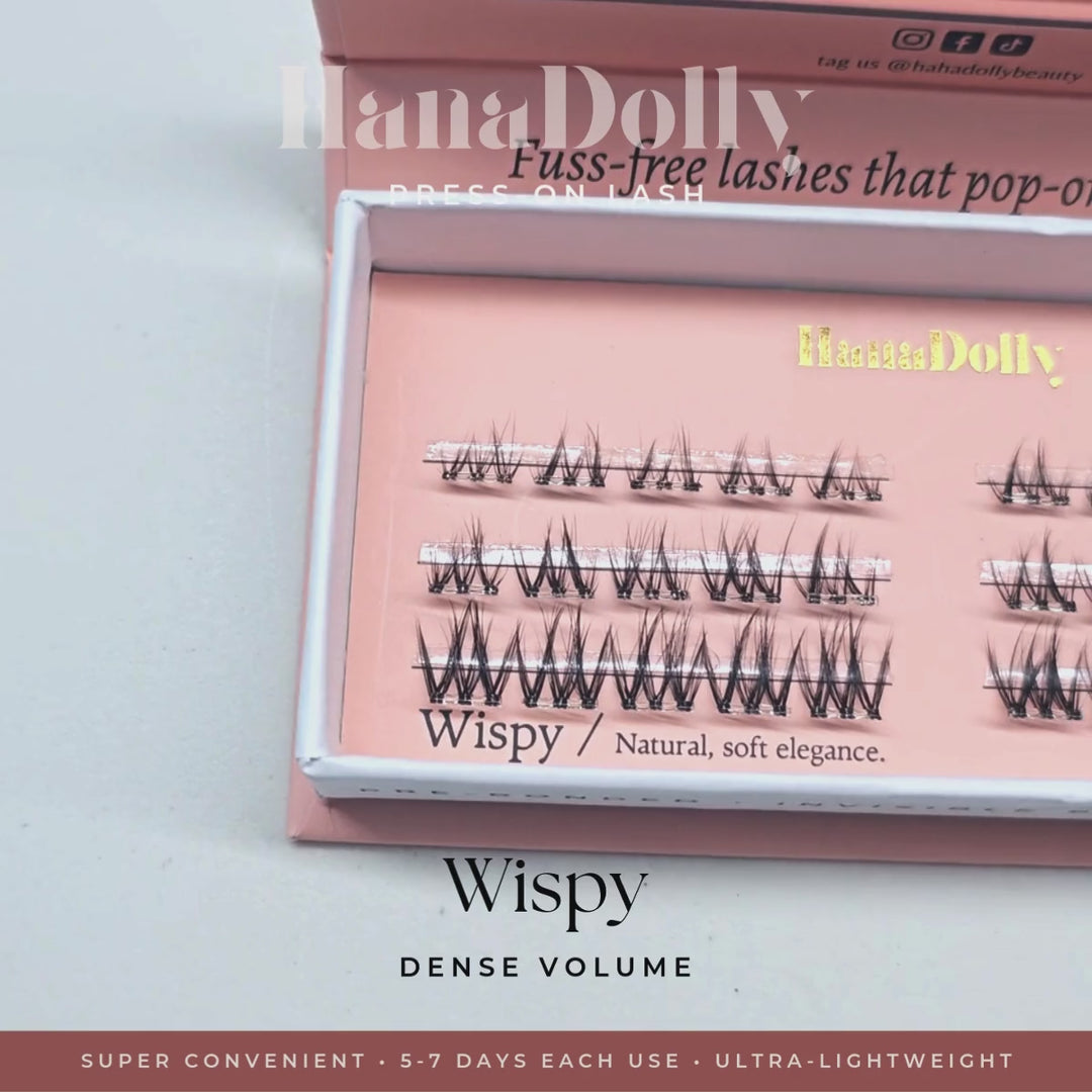 Full product feature video of HanaDolly's Wispy self-adhesive lashes. Featuring it's iconic pink box packaging, press-on lash application, lash features and final close up of results with model's eye.