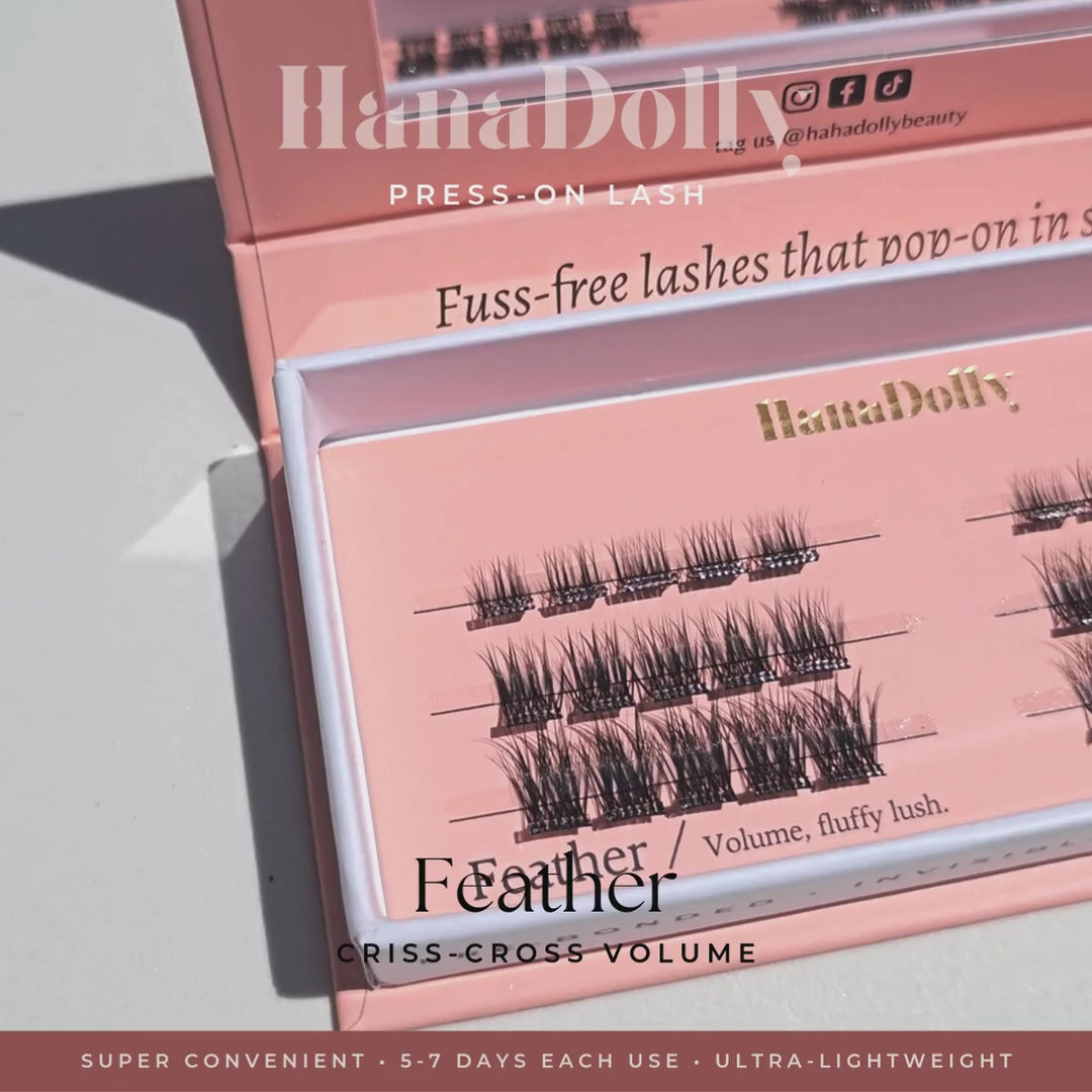 Full product feature video of HanaDolly's Wispy self-adhesive lashes. Featuring it's iconic pink box packaging, press-on lash application, lash features and final close up of results with model's eye.