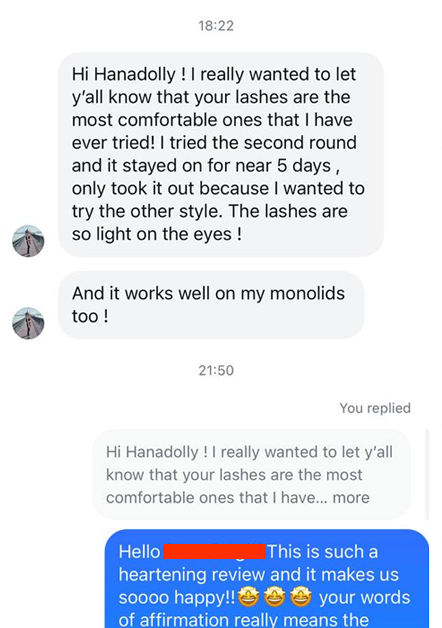 customer testimonial for the most comfortable DIY lash extensions ever tried by hanadolly